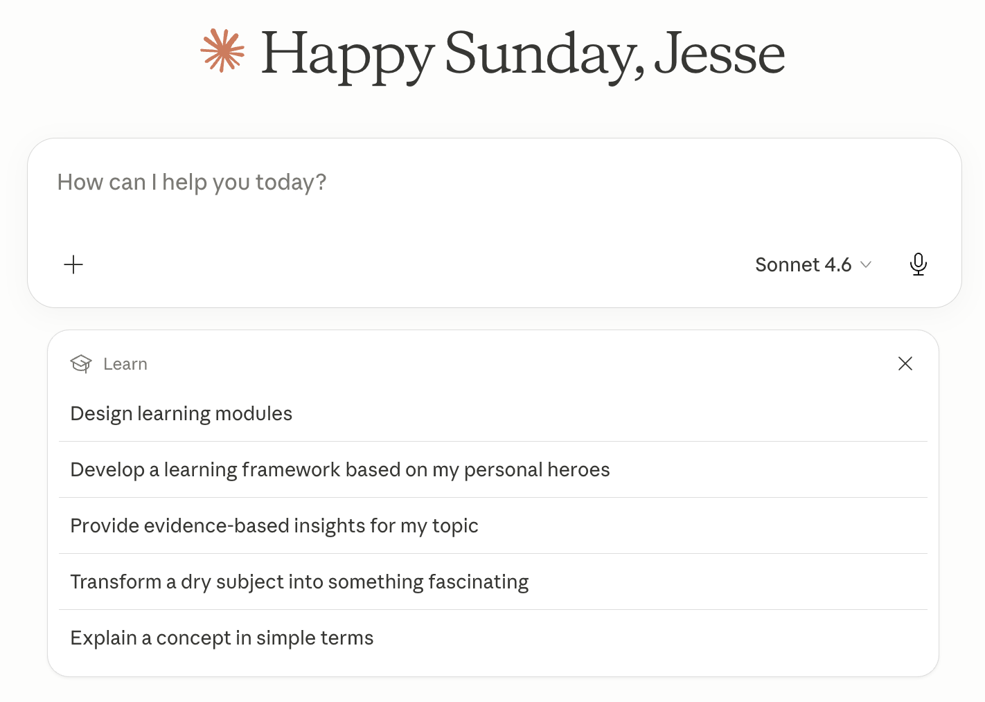 Claude's Learn category expanded showing generic quick-action prompts like Design learning modules, Develop a learning framework based on my personal heroes, and Explain a concept in simple terms