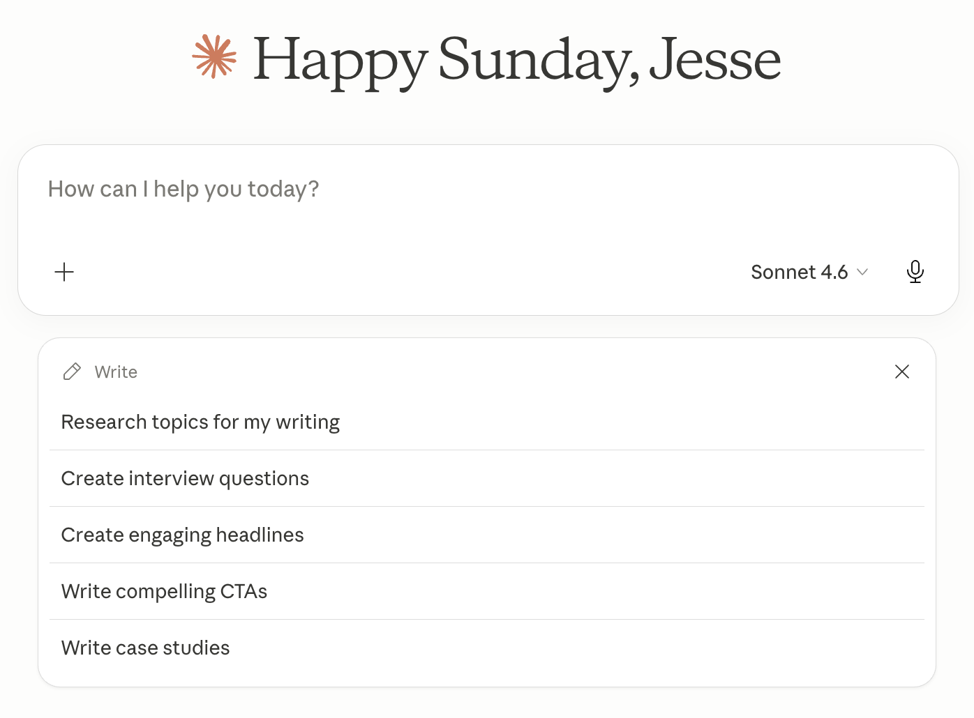Claude's Write category expanded showing generic quick-action prompts like Research topics for my writing, Create interview questions, and Write case studies
