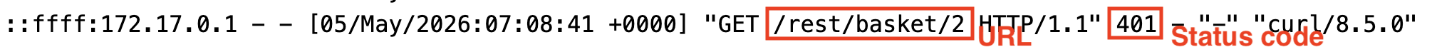 An access.log line with the URL and status code fields highlighted