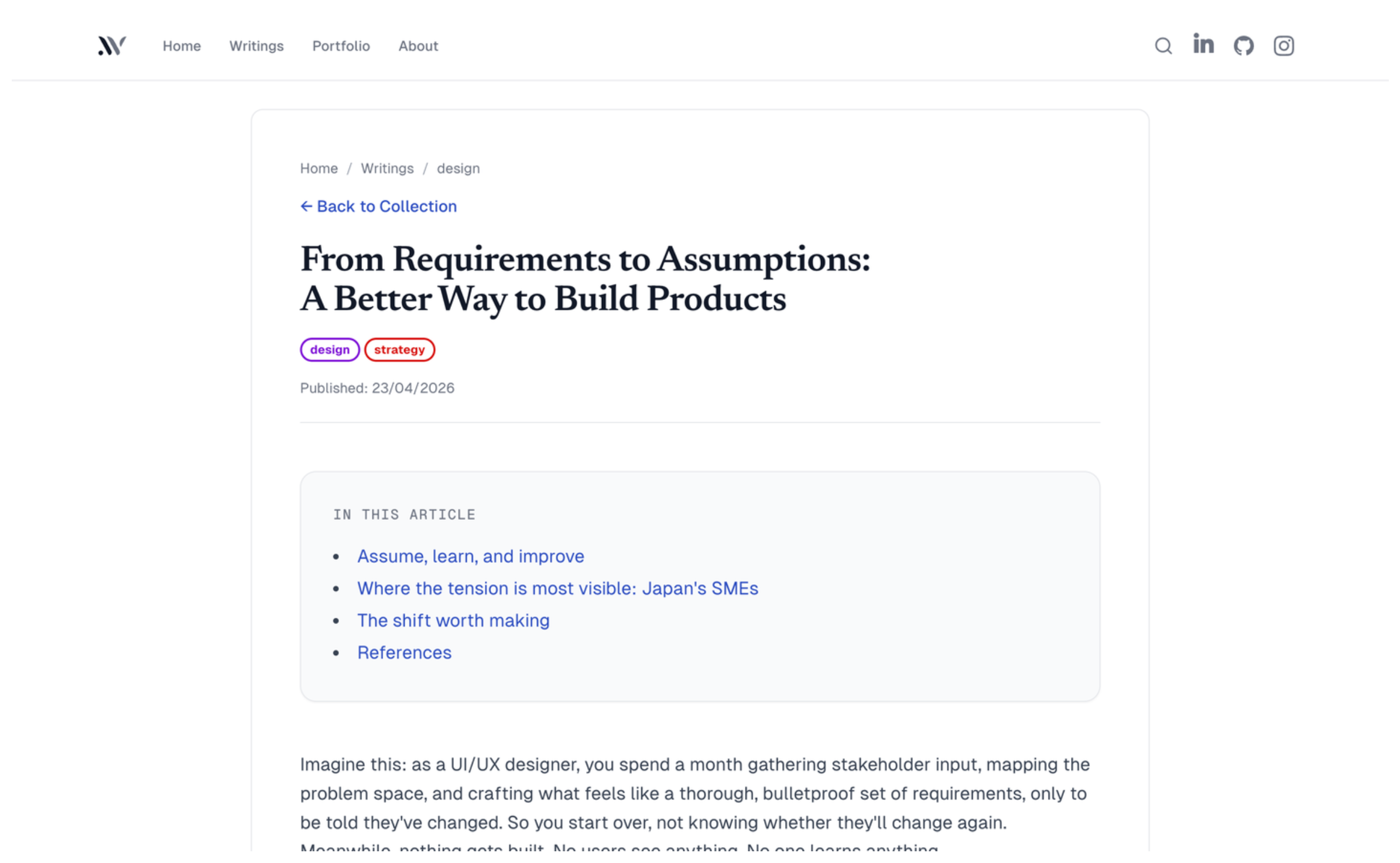 Redesigned article page with serif headline and a monospace 'IN THIS ARTICLE' label