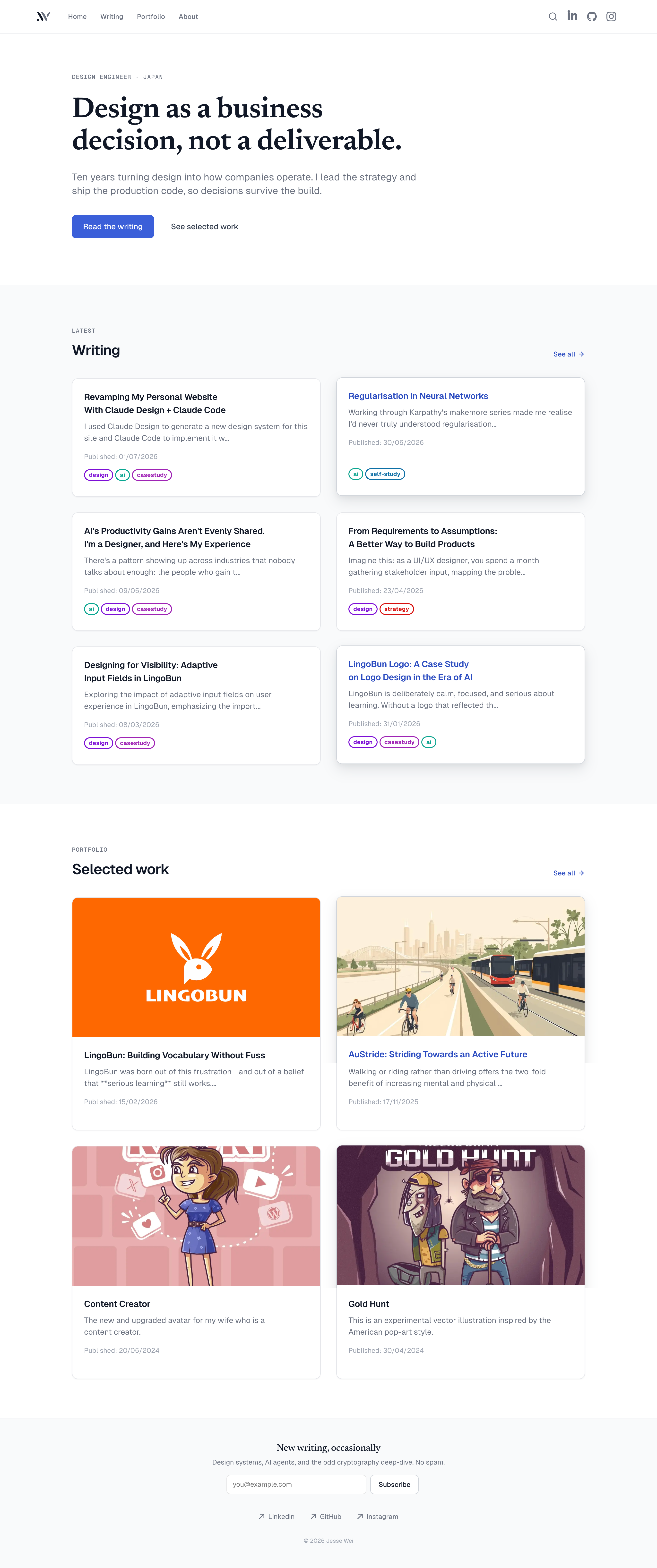 Redesigned homepage with a minimal, editorial layout and serif headline reading 'Calm, considered software'