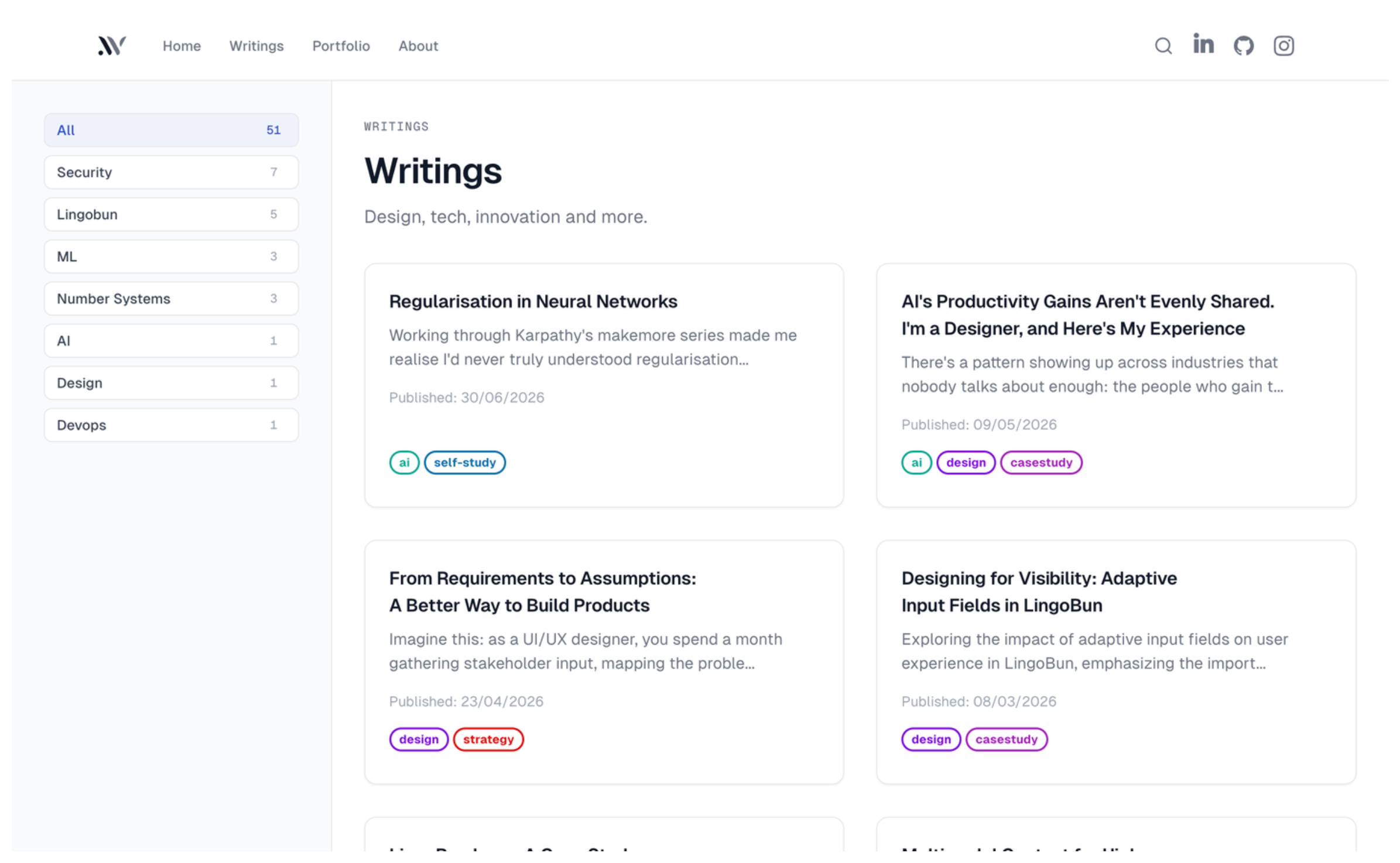 Redesigned writings list page with a light sidebar for category filters