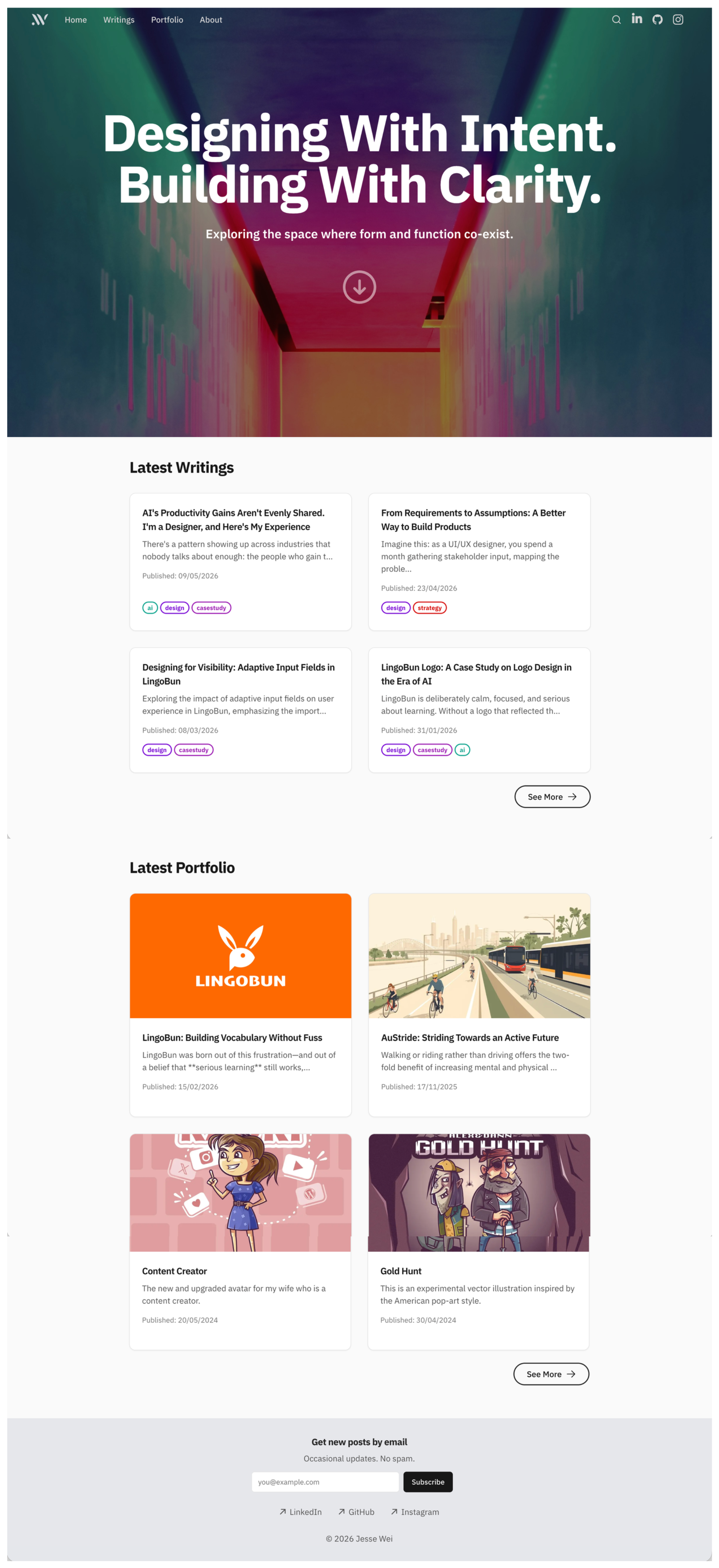 Original homepage with a moody, colorful gradient hero image and bold sans-serif headline