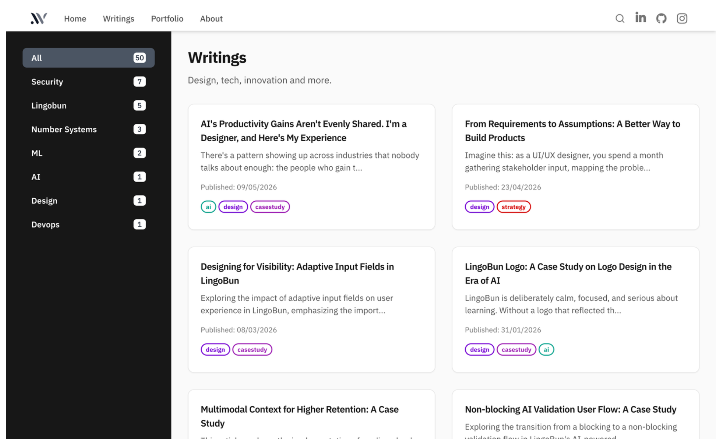 Original writings list page with a dark sidebar for category filters