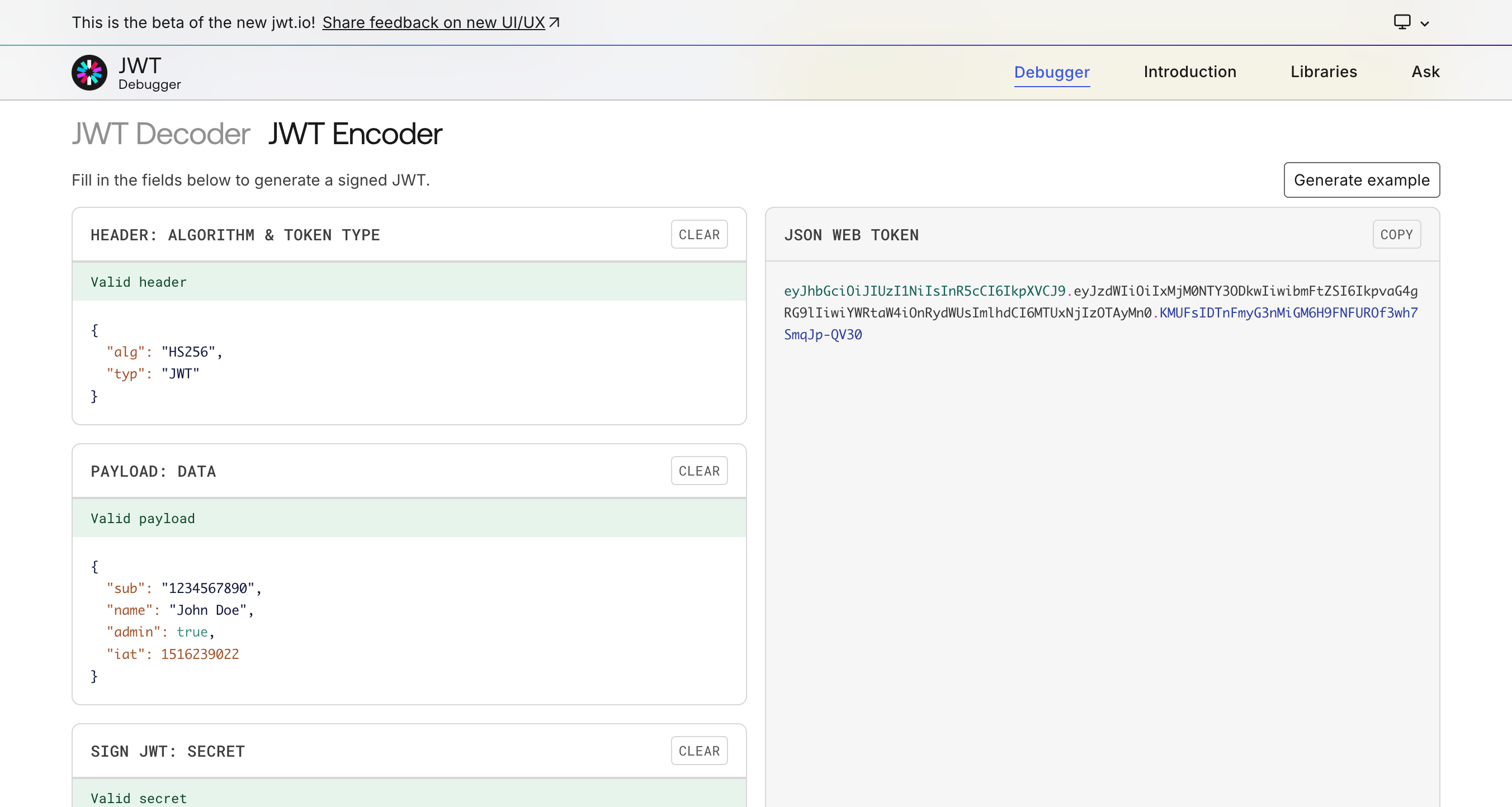 Generating JWTs on jwt.io